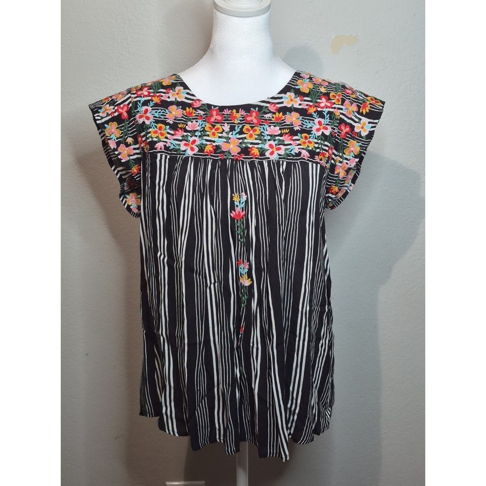 Savannah Jane Embroidered Floral Stripe Boho Top Black White Flutter Sleeve Sz S